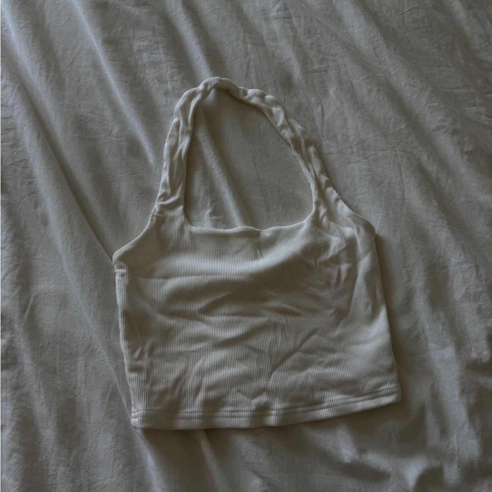 Cream Ribbed Halter Crop Top